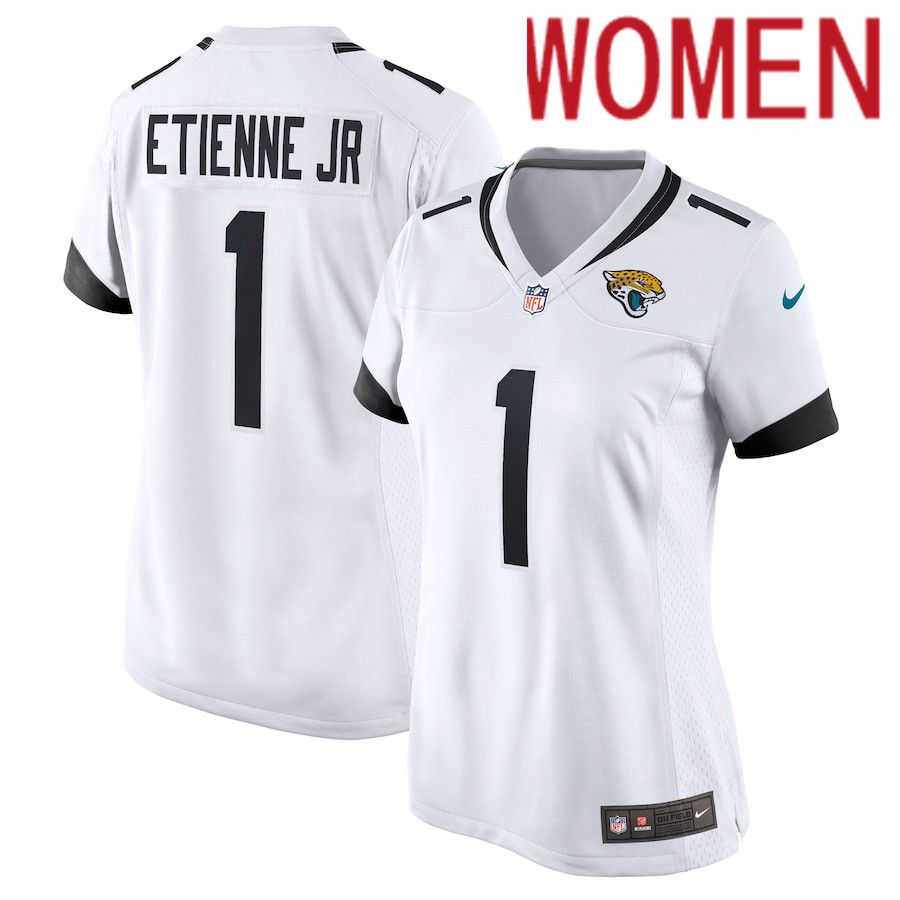Women Jacksonville Jaguars #1 Travis Jr. Etienne Nike White Game Player NFL Jersey->women nfl jersey->Women Jersey